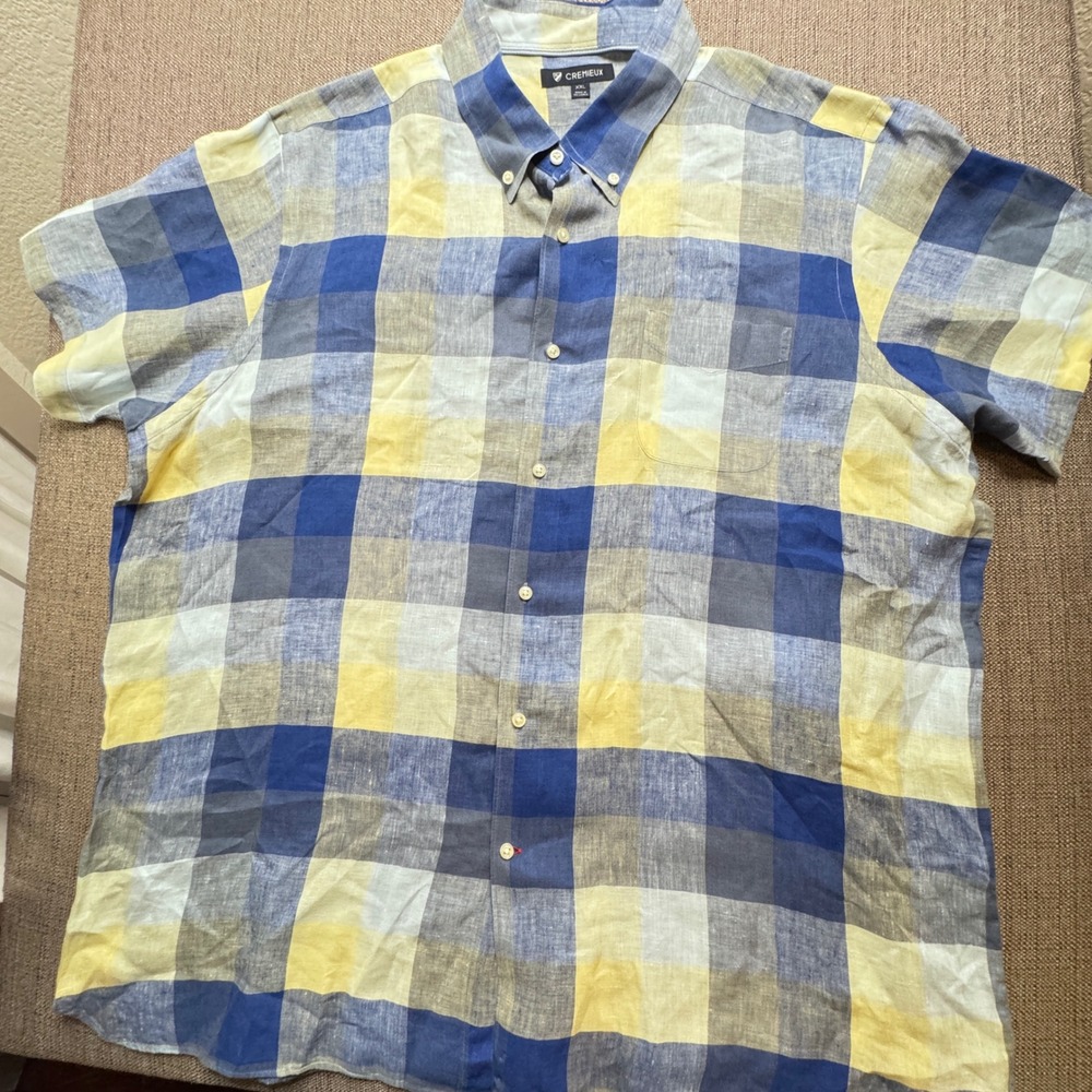 Cremieux Mens XXL Blue Yellow Plaid 100% Linen Short Sleeve Button Down Shirt